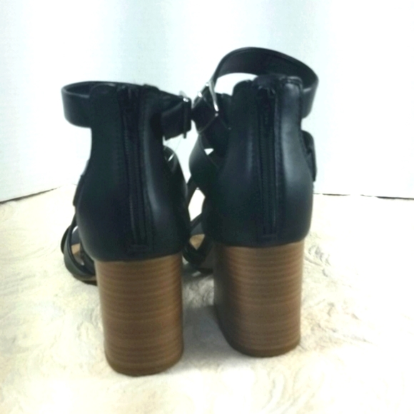 Sandal shoe black strappy Buckle zip 3" Block Heel Y2k Whimsigoth Wide Width - Picture 4 of 6